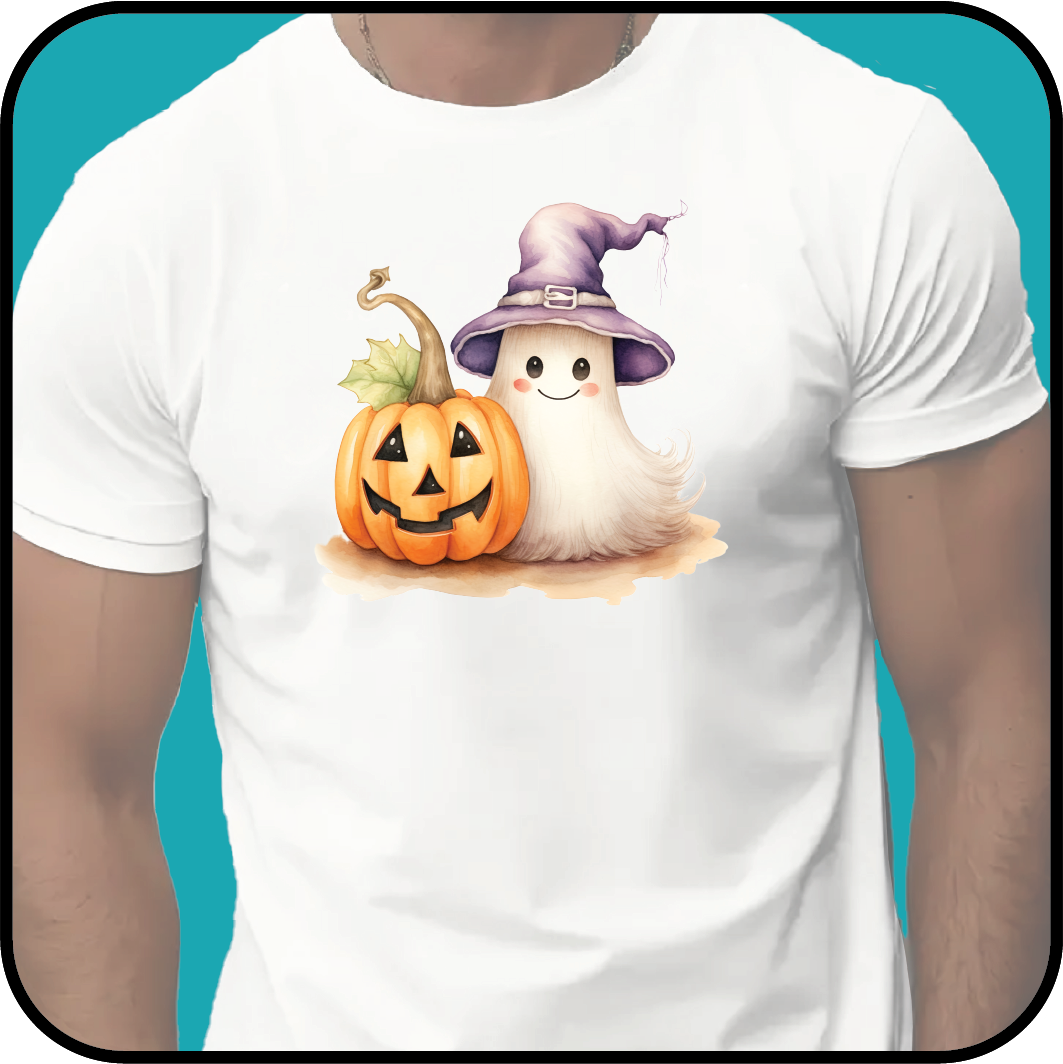 Happy Ghost with purple hat and pumpkin T-shirt image 1