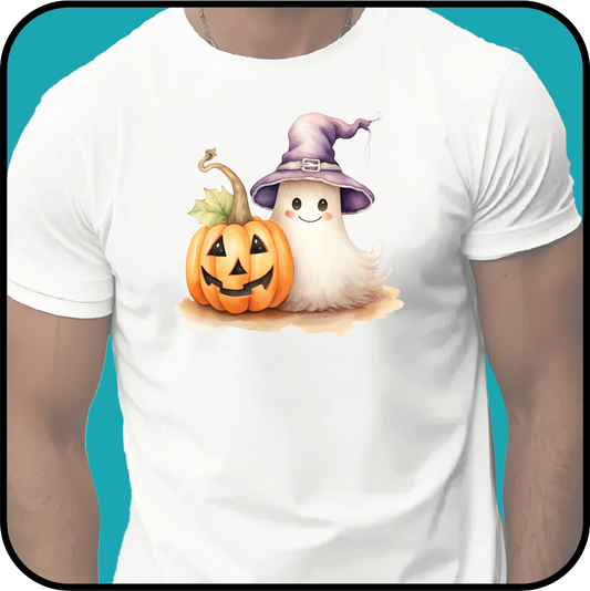 Happy Ghost with purple hat and pumpkin T-shirt image 1