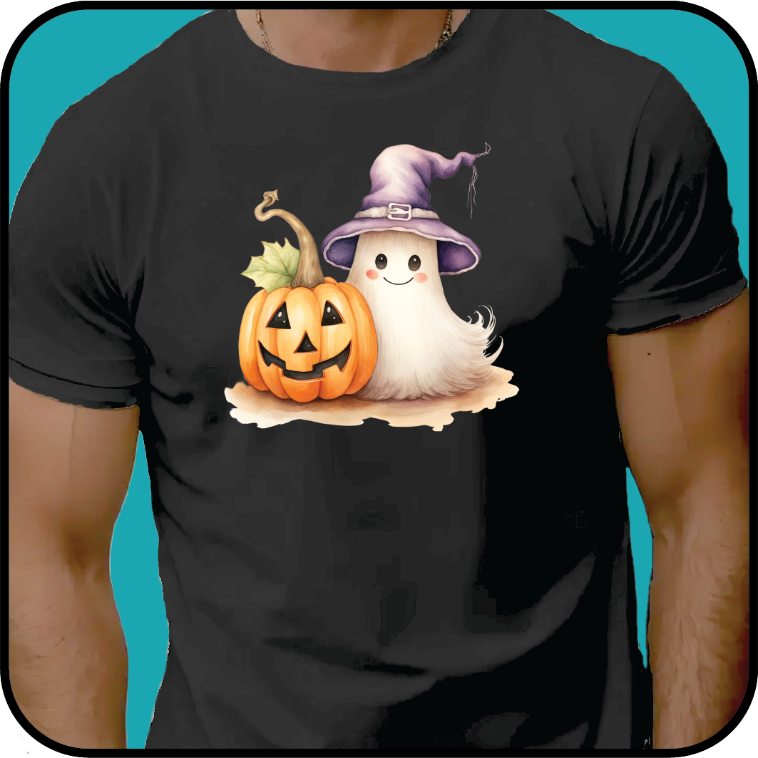 Happy Ghost with purple hat and pumpkin T-shirt image 2