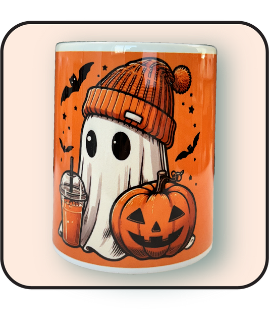 White ghost with pumpkin on orange background image 0