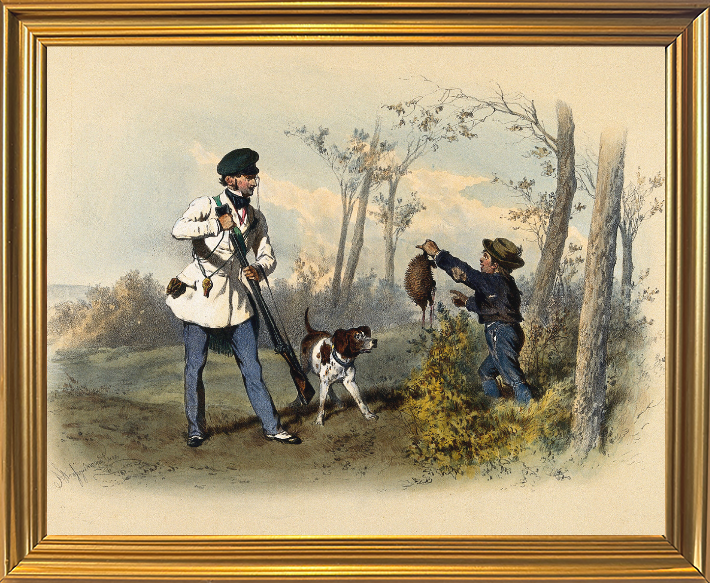Vintage Framed Art - "A boy's proud hunting report"
